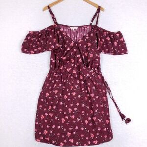 Indulge In Style Dress Womens 1X Cold Shoulder Floral Ruffle Wrap Burgundy Boho